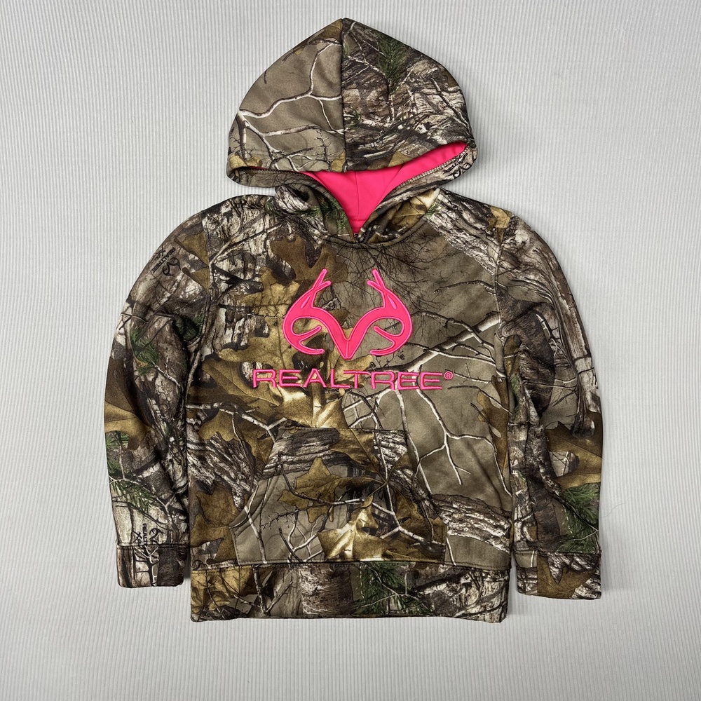 Realtree Hoodie Girls 7-8 Brown Camo Fleece Pullover Pink Logo Hunting Outdoor
